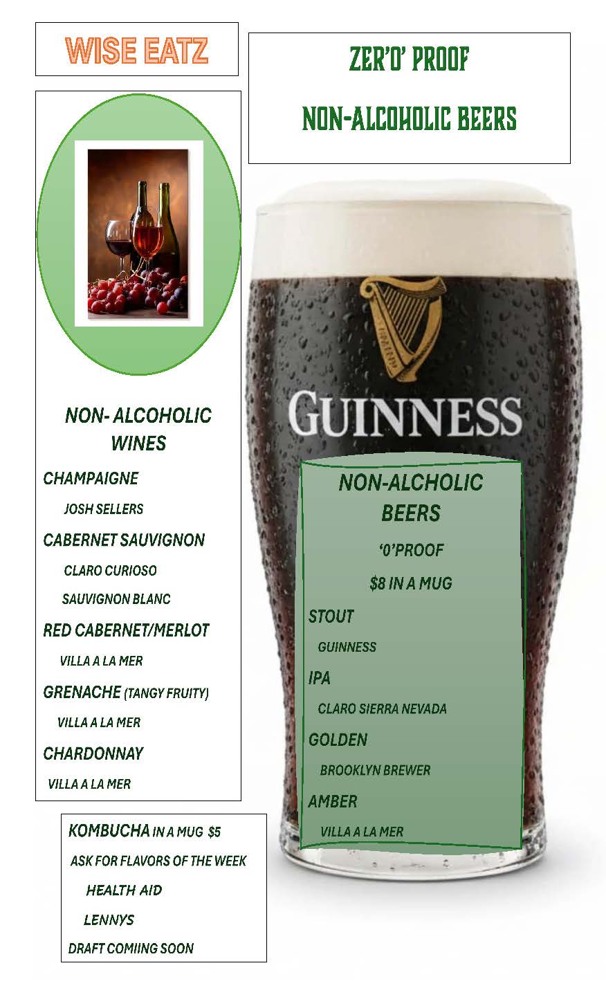 Wise Eatz non-alcoholic wines, beers, and kombucha menu