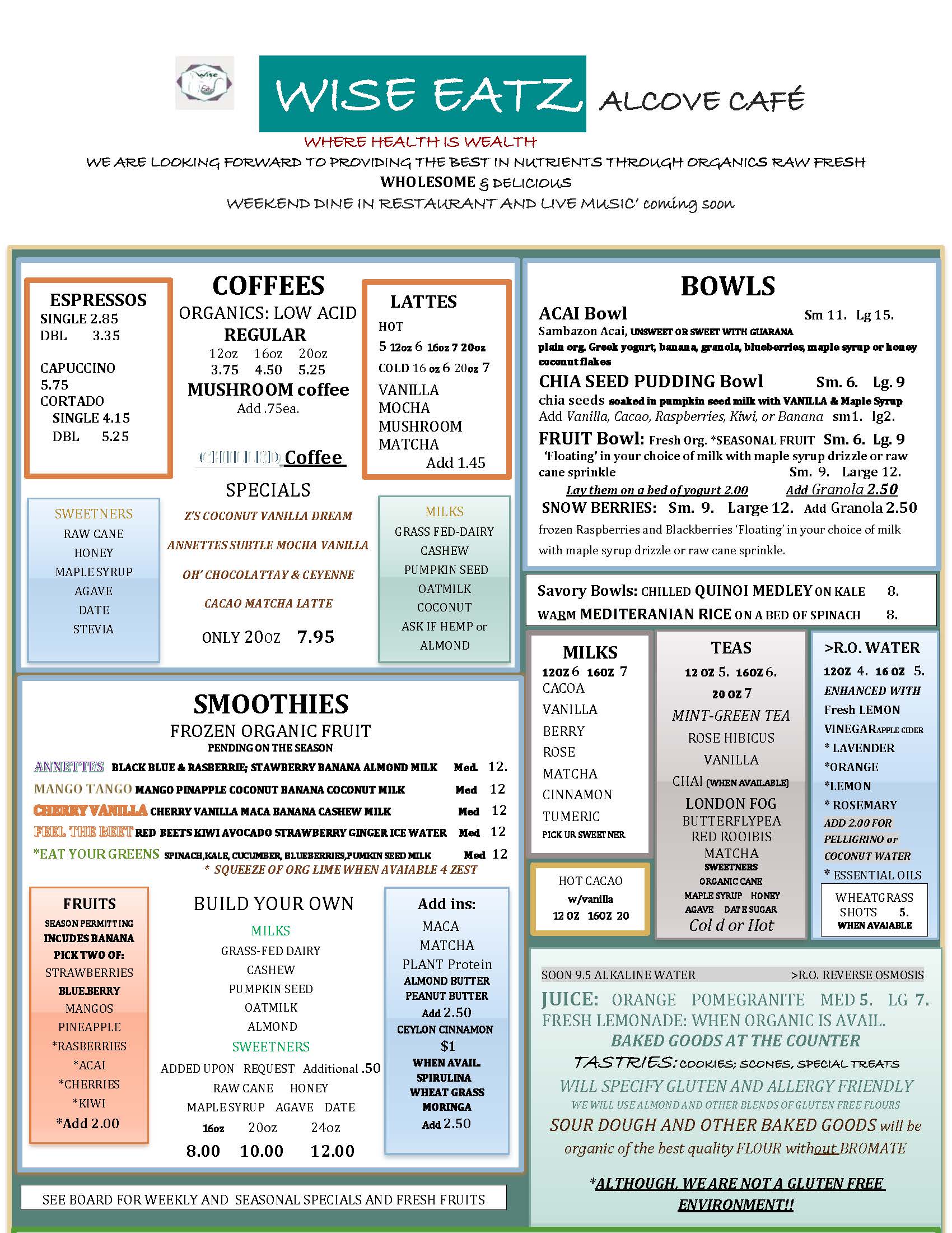 Wise Eatz revised menu PDF page 1 preview